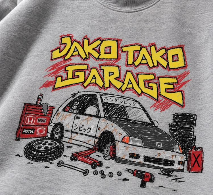 Bluza Jako Tako Garage — Szara — detal nadruku