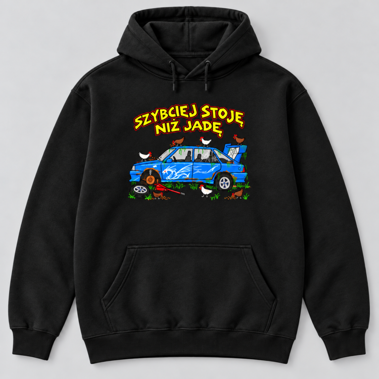 Bluza kangurka Szybciej stoję niż jadę — Czarna
