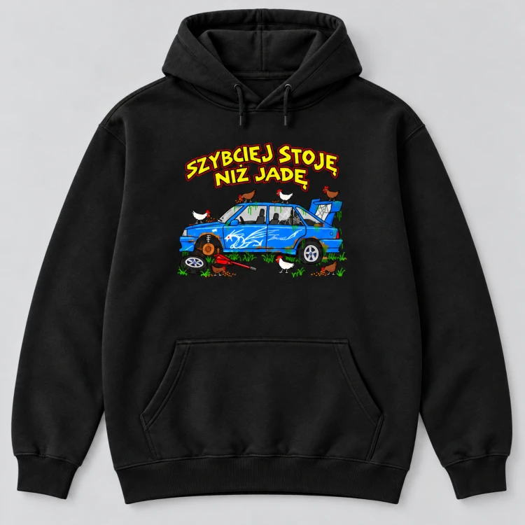 Bluza kangurka Szybciej stoję niż jadę — Czarna